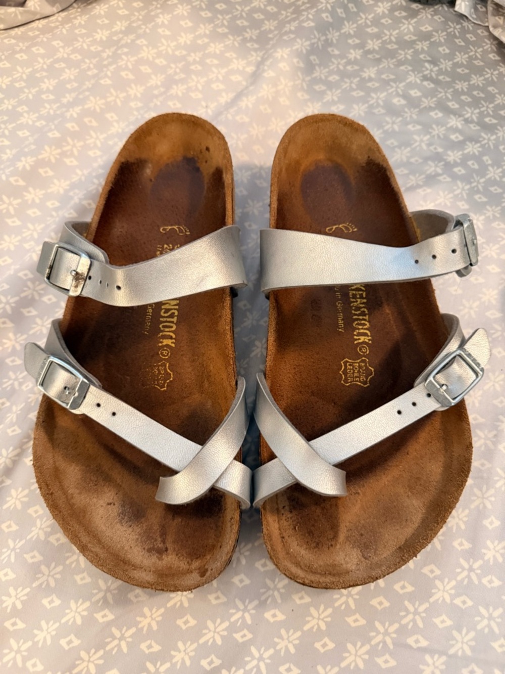 Birkenstock Mayari Metallic Silver Two-Strap Footbed Sandals